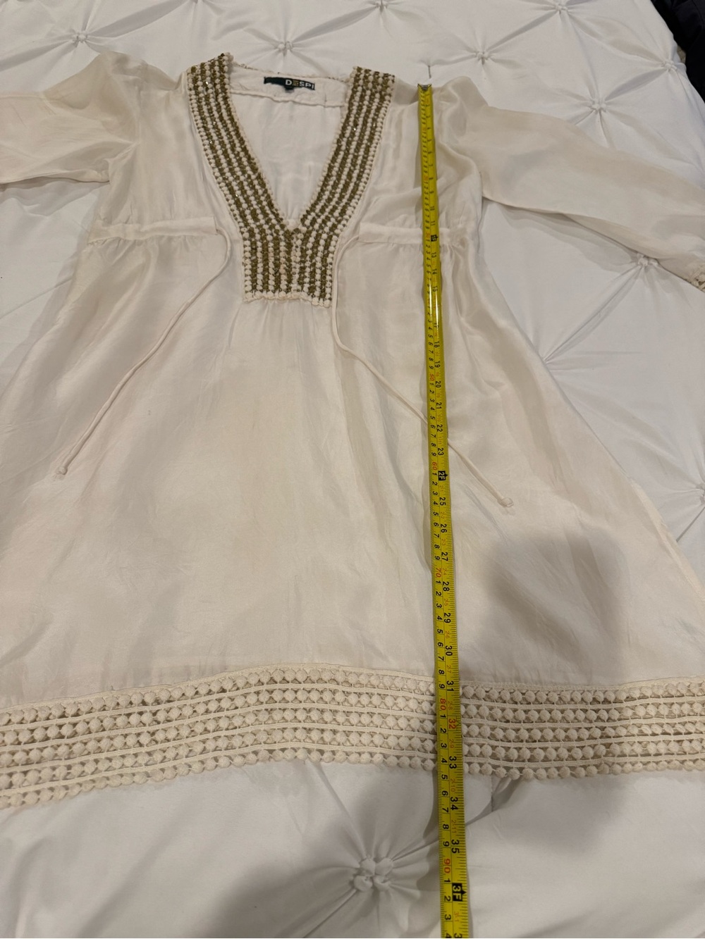 DESPI 100% Silk Beaded Swim Cover Up Tunic Dress Ivory Resort Boho Size M - Picture 14 of 15
